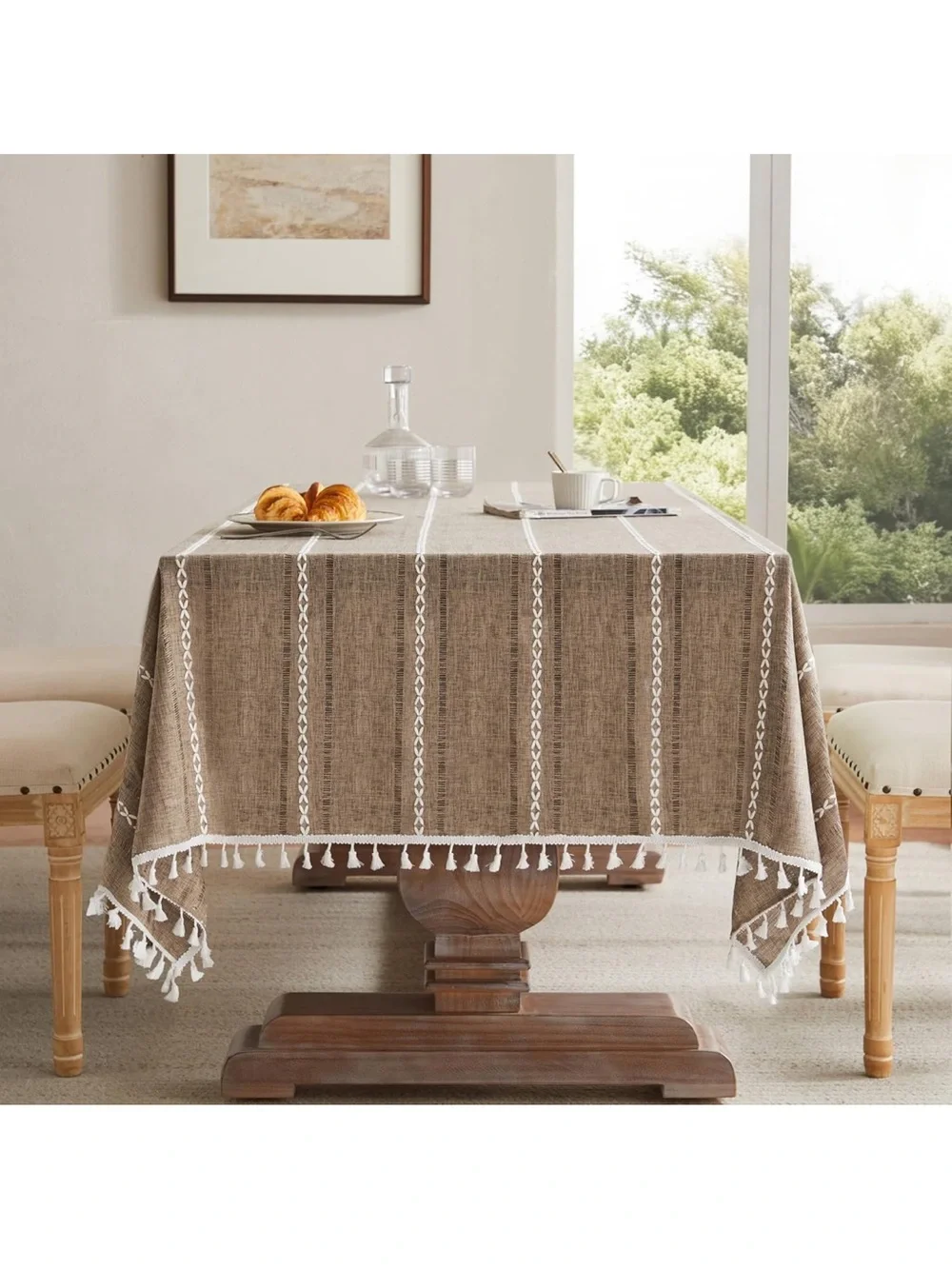 Hemstitched Embroidery Striped Boho Tablecloth 60x120” Cocoa Brown 1845/bb9-1